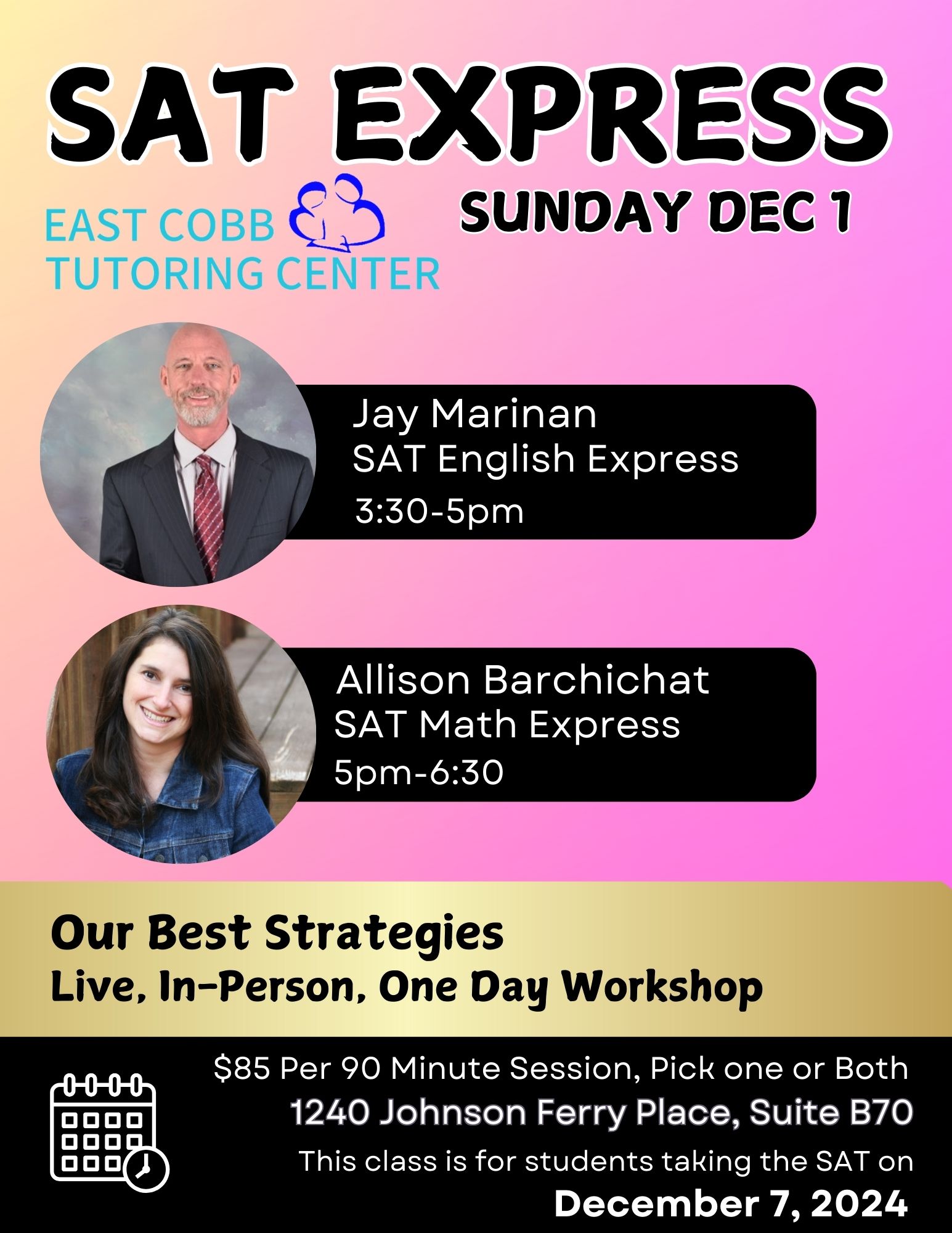 SAT Prep class for math and english. Tutors for test prep shown are Jay for verbal reading and writing and Allison for math. 