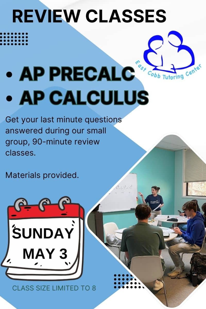 A blue and white advertisement for AP Calculus and AP Precalculus review for the exam. The photo shows Allison teaching a review class for the AP test and an icon of a calendar displays the date of the class.