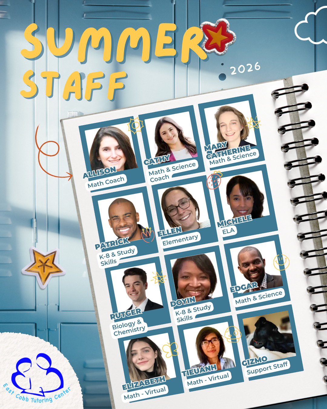 A yearbook style photo collage showing the tutors available at East Cobb Tutoring Center in Marietta for summer tutoring sesisons. The tutors are displayed in a grid with their names and subject areas such as science, math, ELA, study skills, biology and chemistry. 